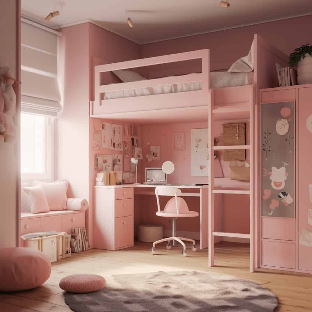Przytulny pokój dziecięcy z różową aranżacją, łóżkiem piętrowym i miejscem do nauki, idealny dla dziewczynki, funkcjonalne meble, dekoracje dziecięce, inspiracje do pokoju dziecięcego.