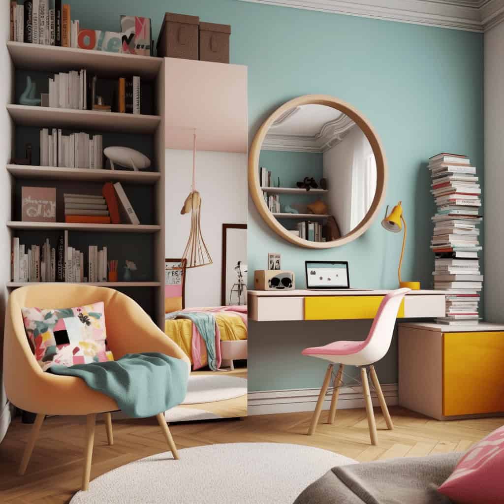 Kolorowy pokój dzienny z biurkiem, regałem i wygodnym fotelem, idealny do nauki i relaksu, nowoczesny design, optymalna przestrzeń do pracy, optima.