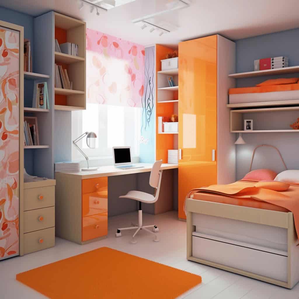 Przytulny pokój młodzieżowy w pastelowych odcieniach z biurkiem i łóżkiem, idealny do nauki i relaksu, z funkcjonalnym miejscem do przechowywania i naturalnym światłem.