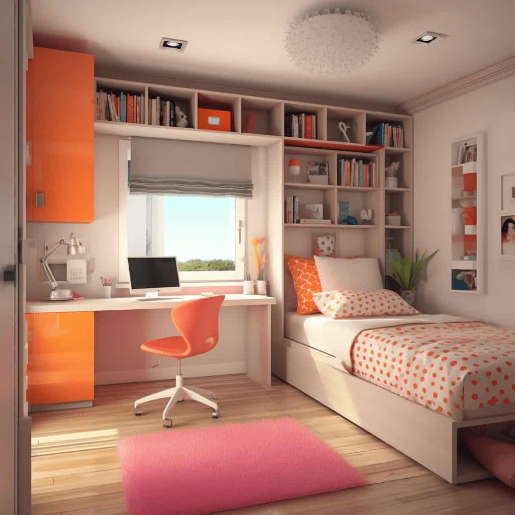 Nowoczesny pokój młodzieżowy z biurkiem i łóżkiem, w kolorach pomarańczowym i różowym, idealny do nauki i odpoczynku, z przestronną szafą oraz dostępem do naturalnego światła.