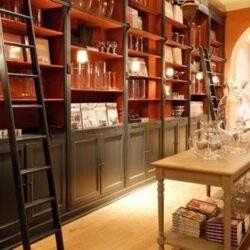 Półki na książki w eleganckim wnętrzu z drabinami i lampami, dekoracje i książki w stylowym salonie, elegancki wystrój wnętrz, luxury interior, Biblioteka domowa, stylowe meble, aranżacja wnętrz, PaniDyrektor.pl.