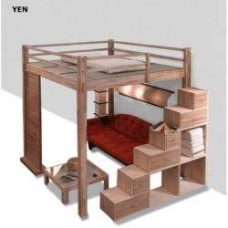 Drewniane łóżko piętrowe z przestronnymi schowkami i miejscem do pracy, nowoczesny design do optymalnej organizacji przestrzeni dla dzieci i młodzieży.