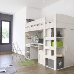 Kompaktowy pokój dziecięcy z piętrowym łóżkiem i biurkiem, nowoczesny design, funkcjonalne rozwiązania, miejsce do nauki i zabawy, jasne wnętrze, idealne dla dzieci i młodzieży.