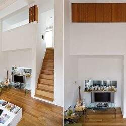 Nowe mieszkanie z nowoczesnym wnętrzem i drewnianymi schodami, idealne dla rodziny, optymalizacja przestrzeni, elegancki styl, design wnętrz, aranżacja domu, optymalne rozwiązania mieszkaniowe.