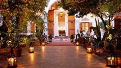 Przytulny, oświetlony ogród z lampionami i roślinami prowadzący do stylowej willi lub pałacu w romantycznej scenerii.