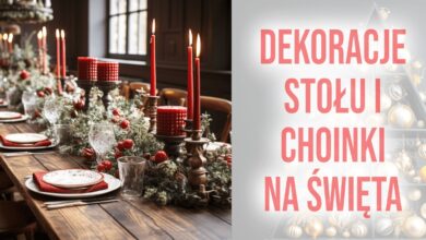 Bukiet świątecznych ozdób na stole, eleganckie dekoracje na bożonarodzeniowe przyjęcie, świąteczne świece i ozdoby, dekoracje stołu na święta i eventy firmowe, nawiązujące do promowania dekoracji bożonarodzeniowych, kreatywne aranżacje na święta dla firm i domów.