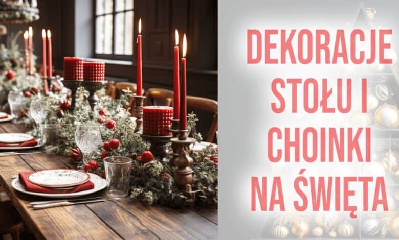 Bukiet świątecznych ozdób na stole, eleganckie dekoracje na bożonarodzeniowe przyjęcie, świąteczne świece i ozdoby, dekoracje stołu na święta i eventy firmowe, nawiązujące do promowania dekoracji bożonarodzeniowych, kreatywne aranżacje na święta dla firm i domów.