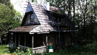 Stara, zaniedbana chałupa drewniana w otoczeniu lasu, niska kondycja budynku, z wrakami i zaroślami wokół, ukazująca stare budownictwo wiejskie, idealne dla miłośników historii i architektury.