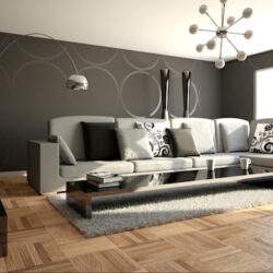 Nowa elegancka aranżacja salonu z nowoczesnym oświetleniem i komfortową sofą, idealna do relaksu i spotkań.