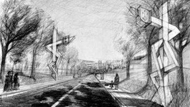 Skup zdjęć przedstawiający ulicę z nowoczesną infrastrukturą i graffiti, w stylu szkicu artystycznego, w otoczeniu drzew i ludzi, obraz w monochromatycznej tonacji optymalizowany dla keywords optima.