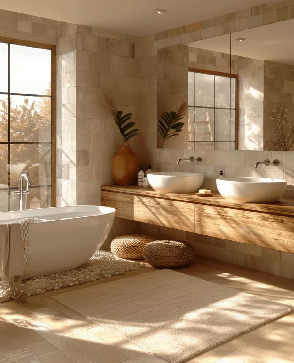 Pejzaż łazienki, relaks w spa, nowoczesna aranżacja wnętrza, naturalne materiały i eleganckie wykończenie, duże okno z widokiem na ogród, styl skandynawski, jasne kolory, minimalizm, komfort i funkcjonalność, OT.