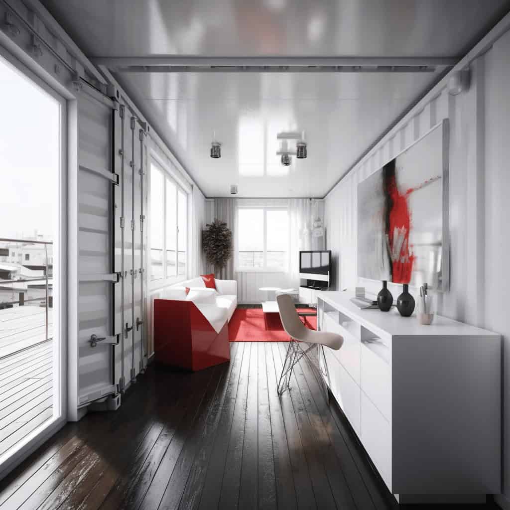 Nowoczesne mieszkanie w stylu industrialnym z elementami czerwieni i bieli, przestronny salon z dużym oknem i minimalistycznym wystrojem, idealne dla miłośników designu i komfortu.