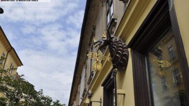 Rzeźbiony detal dekoracyjny na elewacji budynku, złote elementy ozdobne, architektura z elementami artystycznymi i historycznymi, widok od strony ulicy, klasyczna fasada kamienicy, detale architektoniczne z dbałością o szczegóły, elementy sztuki użytkowej, elewacja w stylu historyzmu, elementy dekoracyjne w centrum uwagi.