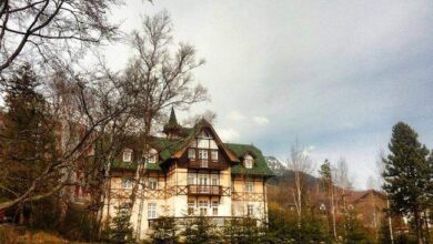 Klasyczny dom w stylu góralskim z panoramicznym widokiem na góry i okoliczne lasy, idealny na wypoczynek w otoczeniu natury.