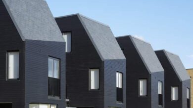 Nowoczesne domy jednorodzinne z czarną elewacją i stromymi dachami, wysokiej jakości architektura, idealne rozwiązanie dla poszukujących innowacyjnego designu i funkcjonalności.