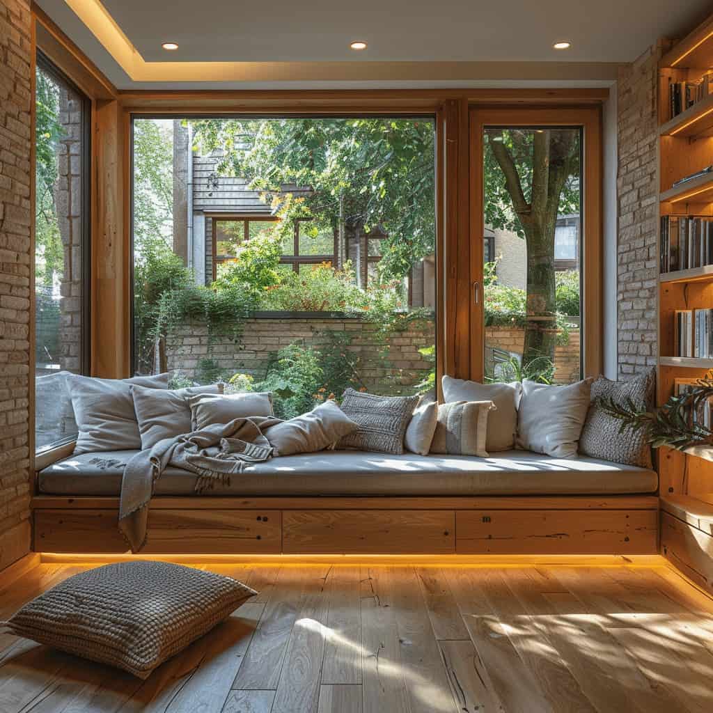 Przytulny kącik z dużym oknem i naturalnym oświetleniem, komfortowe miejsce do relaksu w domu, nowoczesny design wnętrza z drewnianymi elementami, idealny do wypoczynku i czytania.