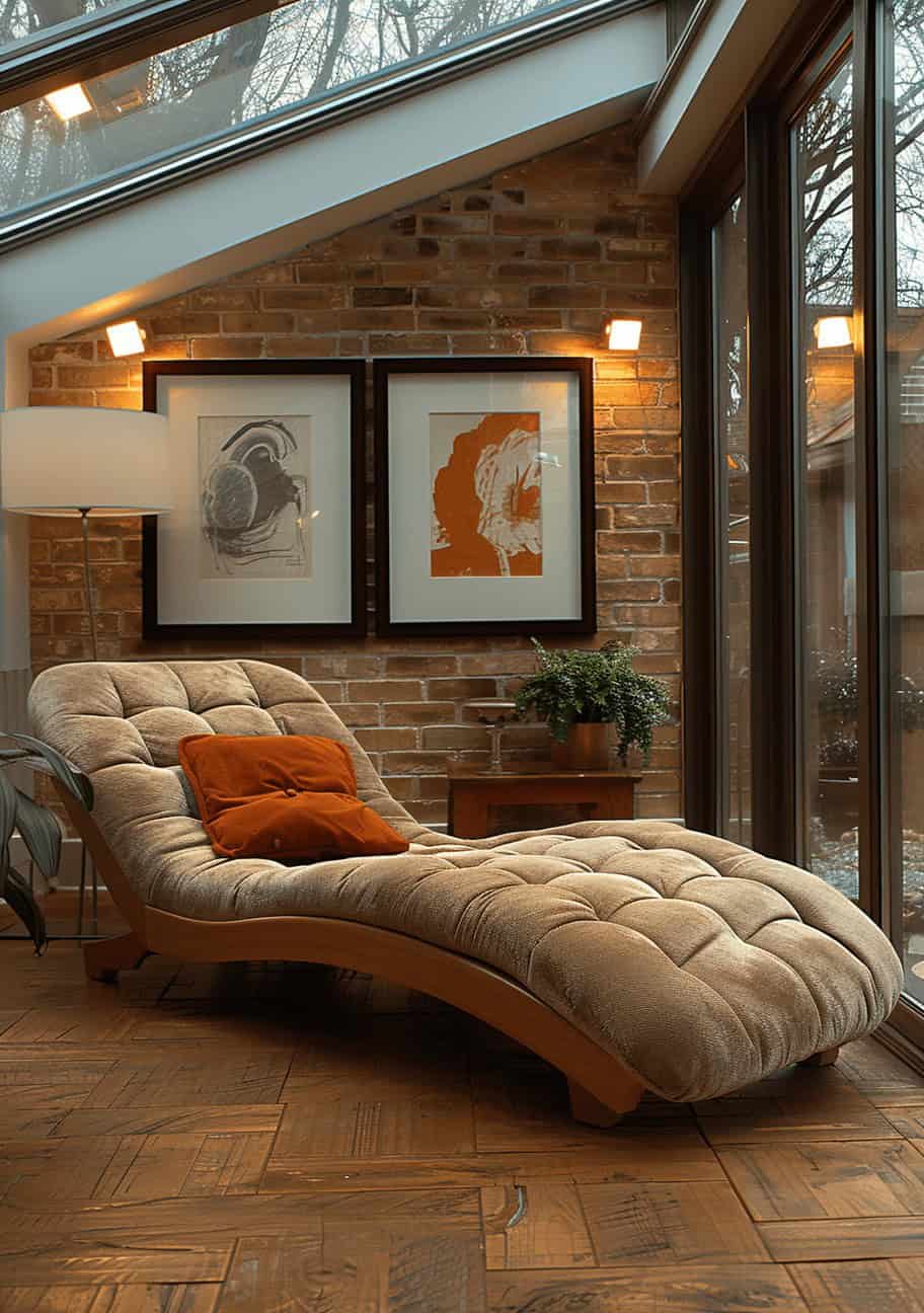 Komfortowa kanapa relaksacyjna z poduszką w salonie z ceglaną ścianą i dużymi oknami.