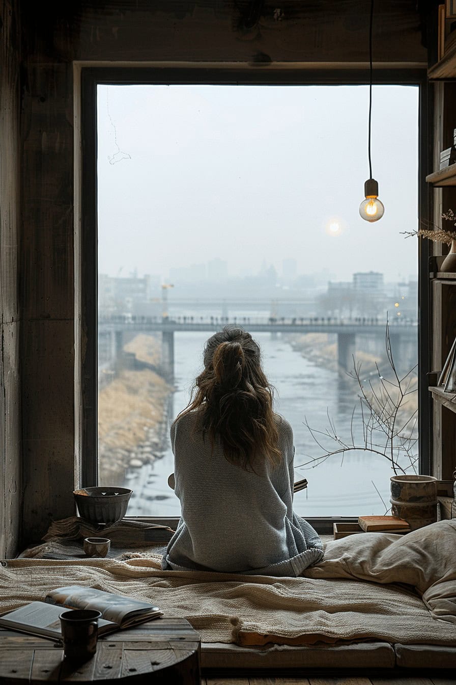 Przyglądanie się widokowi z okna na rzekę i most, w przytulnym wnętrzu z drewnianymi elementami i książkami, tworzy atmosferę spokoju i refleksji. Idealne miejsce do odpoczynku i wyciszenia.