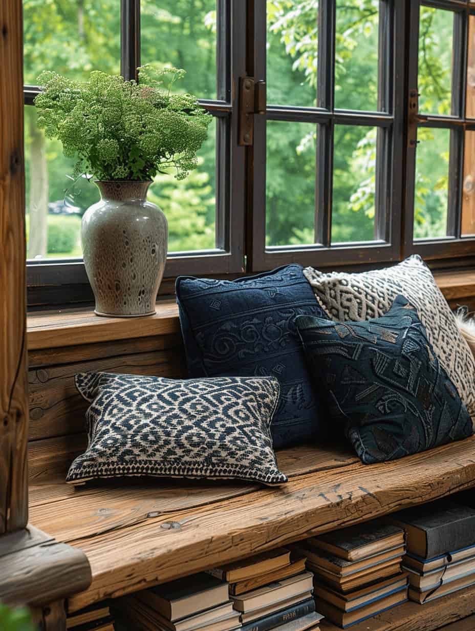 Przytulny kącik z drewnianą ławką, ozdobne poduszki i kwietnik z zielonymi roślinami przy oknie, naturalny styl wnętrza, relaks, hygge, decor, skandynawski design, ekologiczne rozwiązania.