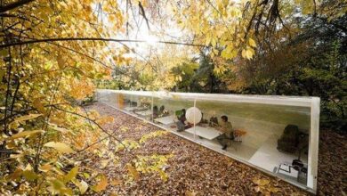 Nowy nowoczesny biuro w szklanym kontenerze w otoczeniu jesiennej przyrody, idealne miejsce do pracy na świeżym powietrzu, kreatywne i inspirujące rozwiązanie dla firm.