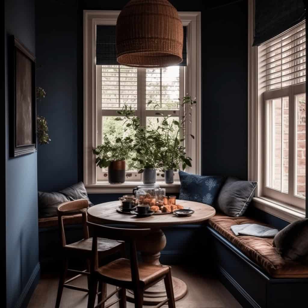 Przytulny kącik jadalniany w stylu skandynawskim z dużymi oknami, roślinami i miękkimi poduszkami, idealny do relaksu i spotkań z rodziną.