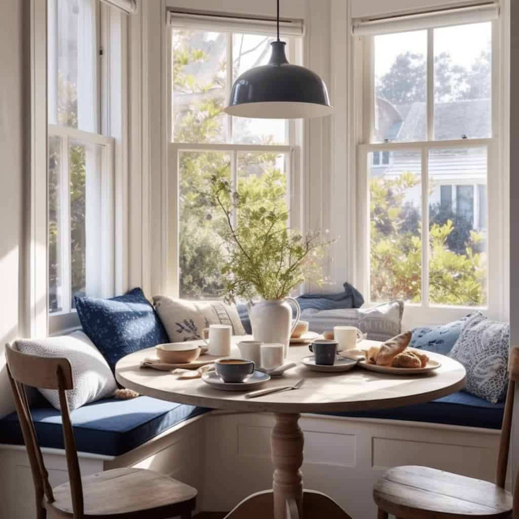 Naturalne światło w jadalni z oknami, stylowe wnętrze z drewnianym stołem i miękkimi poduszkami, idealne na codzienne posiłki i spotkania rodzinne.