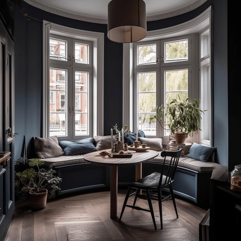 Przestronny przytulny pokój z dużymi oknami, roślinami i stylowymi poduszkami, idealny na relaks, z naturalnym światłem i eleganckim wystrojem.