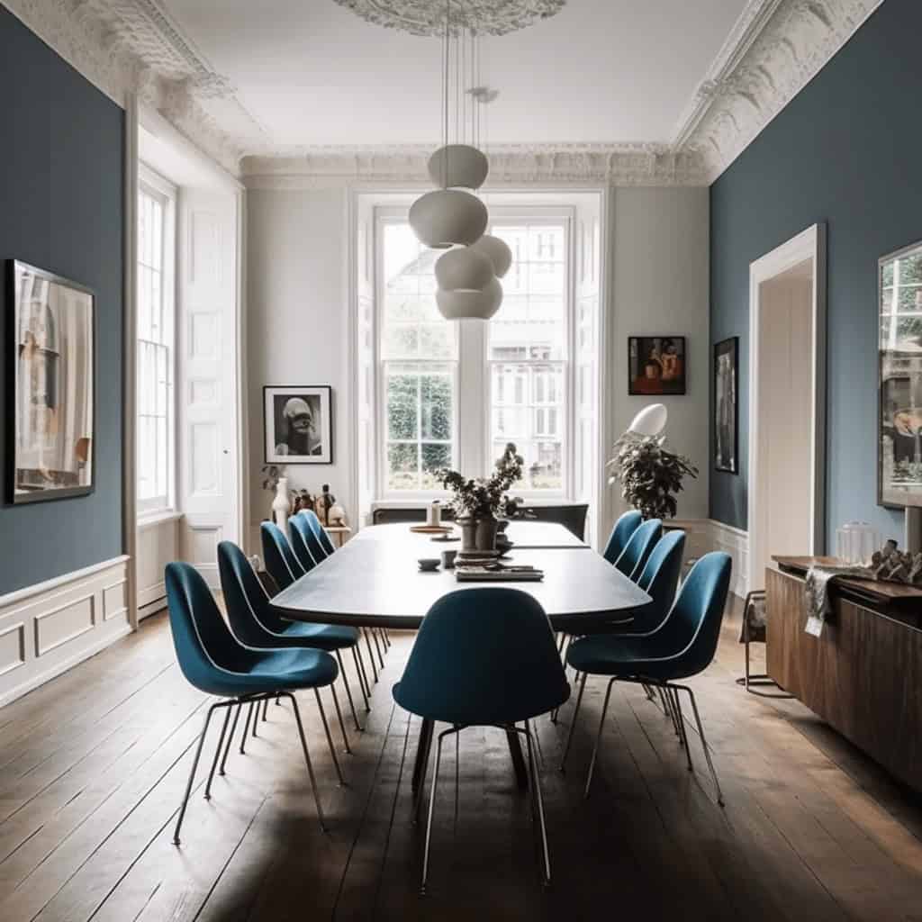 Elegancka sala konferencyjna z nowoczesnym designem i komfortowym oświetleniem, idealna do spotkań biznesowych w optymalnej przestrzeni biurowej.