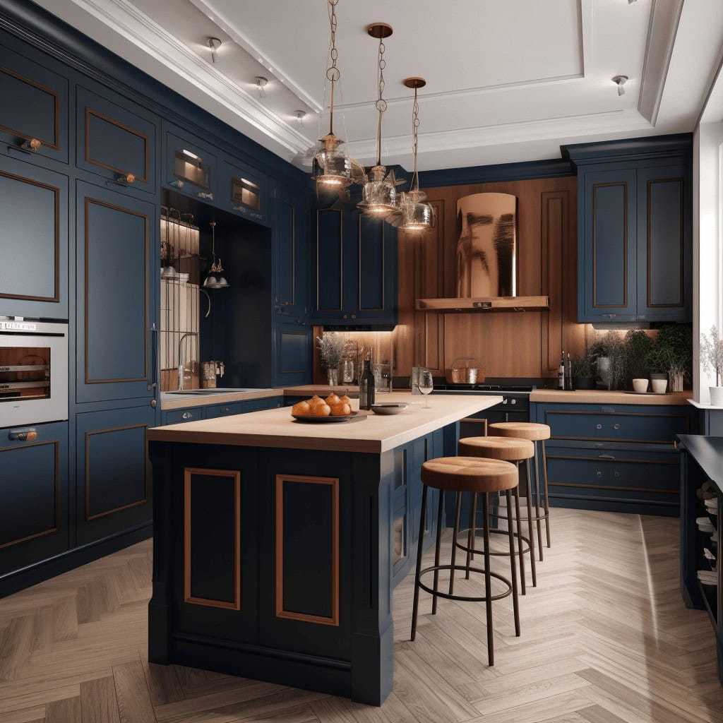 Elegancka kuchnia w stylu nowoczesnym z granatowymi szafkami, drewnianym blatem i stylowymi lampami nad wyspą kuchenną. Idealne miejsce do przygotowywania posiłków i spędzania czasu z rodziną.