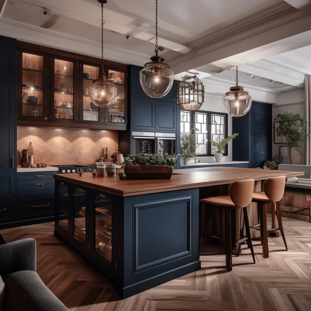 Stylowa kuchnia w nowoczesnym stylu z eleganckimi niebieskimi szafkami i drewnianym blatem, oświetlenie sufitowe, wystrój wnętrz, aranżacja wnętrz, nowoczesny design kuchni.