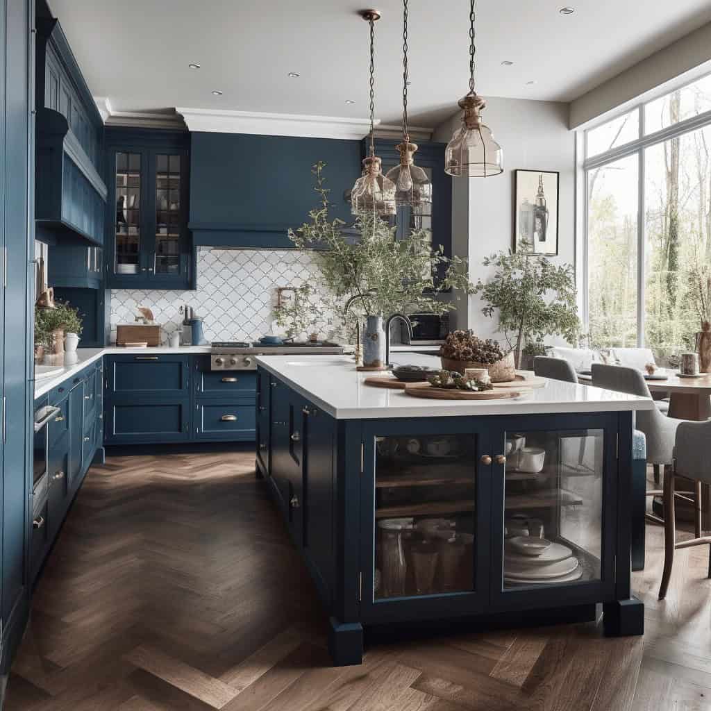 Elegancka kuchnia w stylu skandynawskim z głęboką niebieską szafką, wyspą kuchenną i dużymi oknami zapewnia naturalne oświetlenie, idealne do aranżacji wnętrz w optymistycznym i funkcjonalnym stylu.