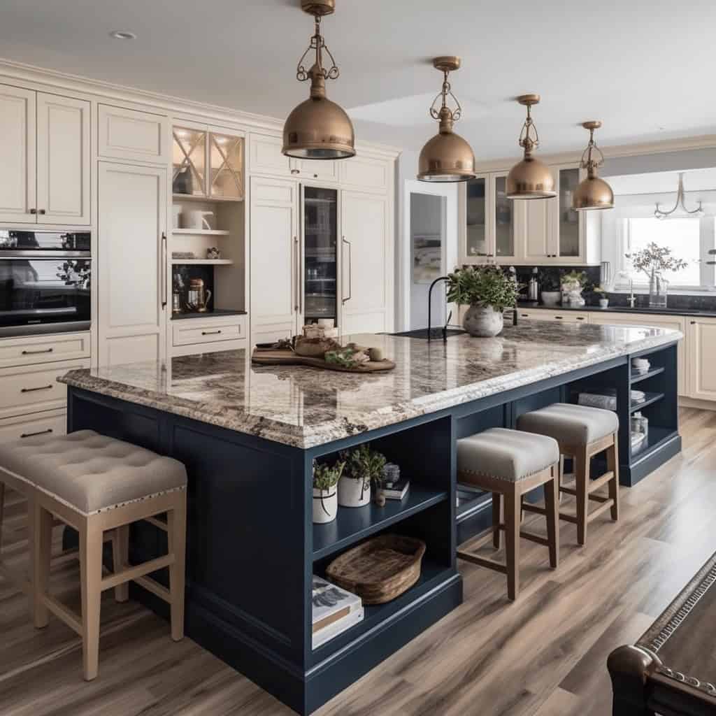 Nowoczesna kuchnia z dużym wyspą, eleganckim wykończeniem i funkcjonalnymi meblami, idealna dla miłośników stylu skandynawskiego i gotowania.