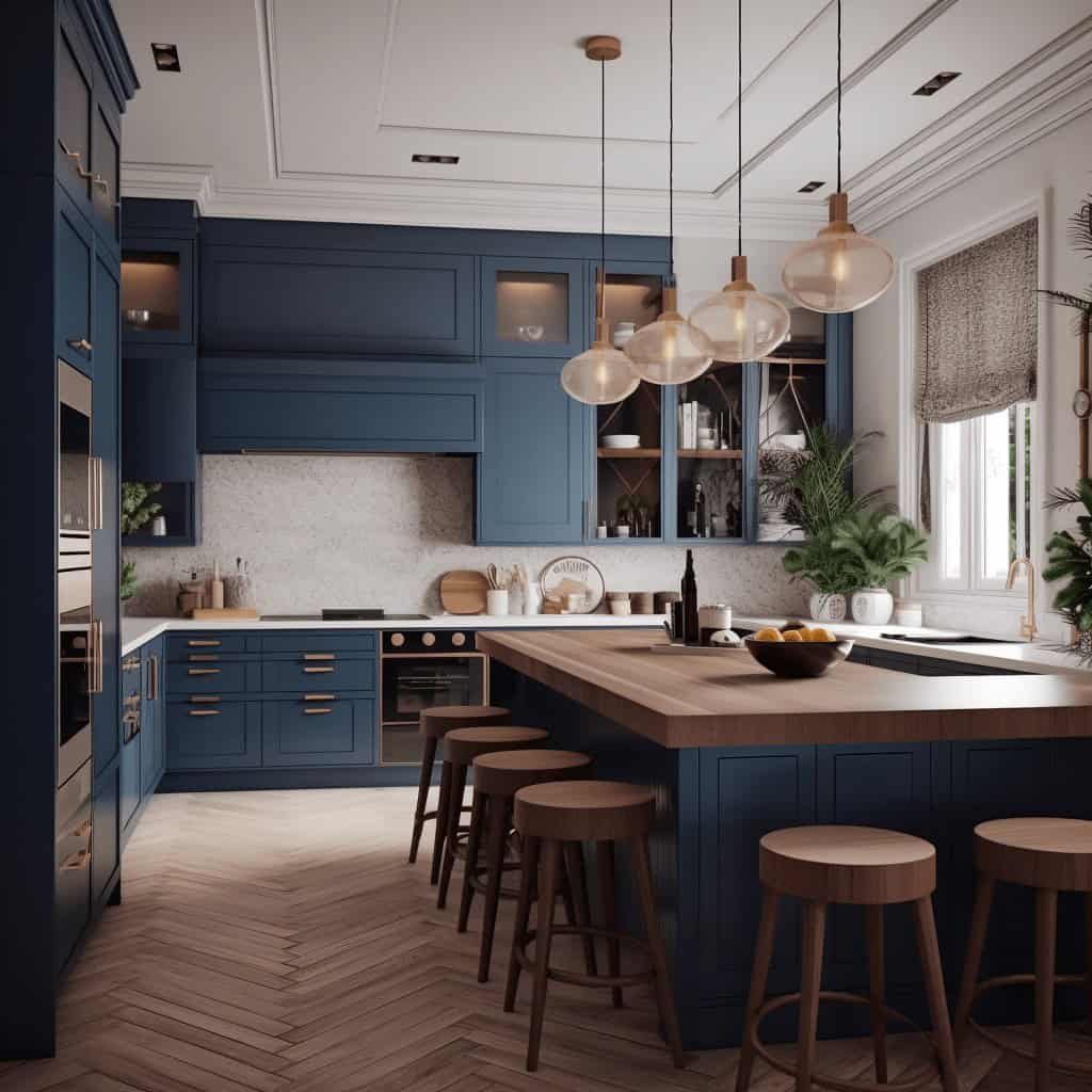 Nowoczesna kuchnia z ciemnoniebieskimi szafkami i drewnianym barkiem, eleganckie oświetlenie, duże okno z roletą, stylowe dodatki i rośliny, idealna do spędzania czasu z rodziną i przyjaciółmi.
