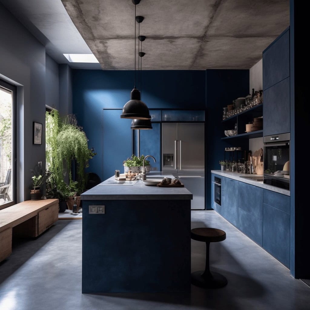 Nowoczesna kuchnia w stylu loft z czarnymi i granatowymi szafkami, dużym centralnym blatem i naturalnym światłem, idealne wnętrze dla miłośników minimalistycznego designu i funkcjonalności.