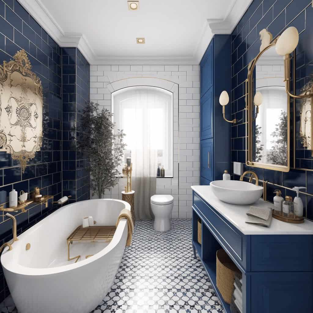 Stylowa łazienka z niebieskimi płytkami, białym wanną i eleganckimi złotymi akcentami, idealna do relaksu i odpoczynku.