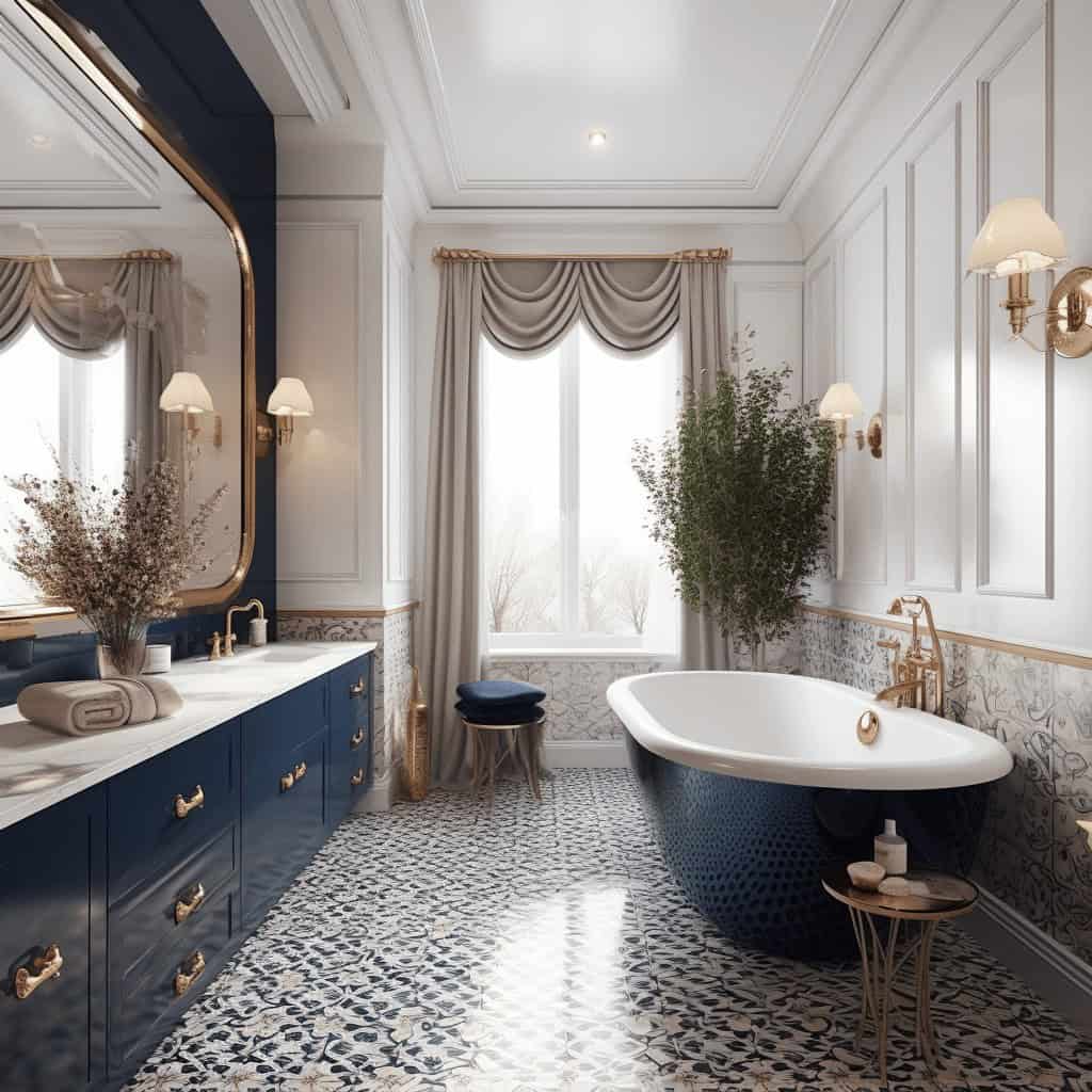 Elegancka łazienka z białą wanną, dużymi oknami z zasłonami, stylowymi ścianami, eleganckim lustrem i oświetleniem, w luksusowym wnętrzu z kwiatami i dekoracjami, idealne dla optymalnego relaksu.