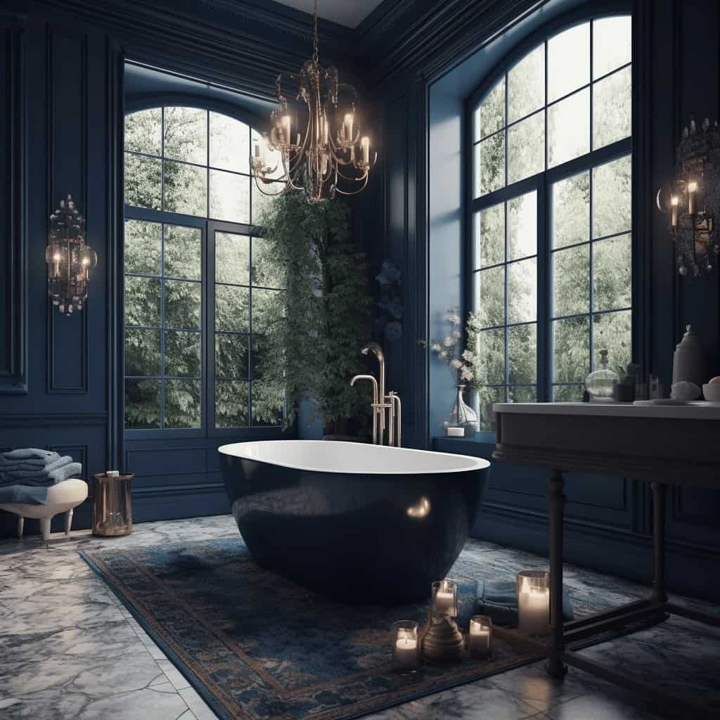 Ekskluzywna łazienka z głęboką czarną wanną, dużymi oknami, eleganckim oświetleniem i luksusowymi detalami, idealna dla miłośników stylu i jakości.