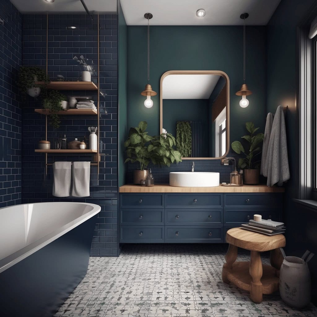Przytulna łazienka z nowoczesnym designem, w głębokim odcieniu niebieskiego i naturalnym drewnie; relaksująca przestrzeń z dużym lustrem, roślinami i klasyczną wanną.