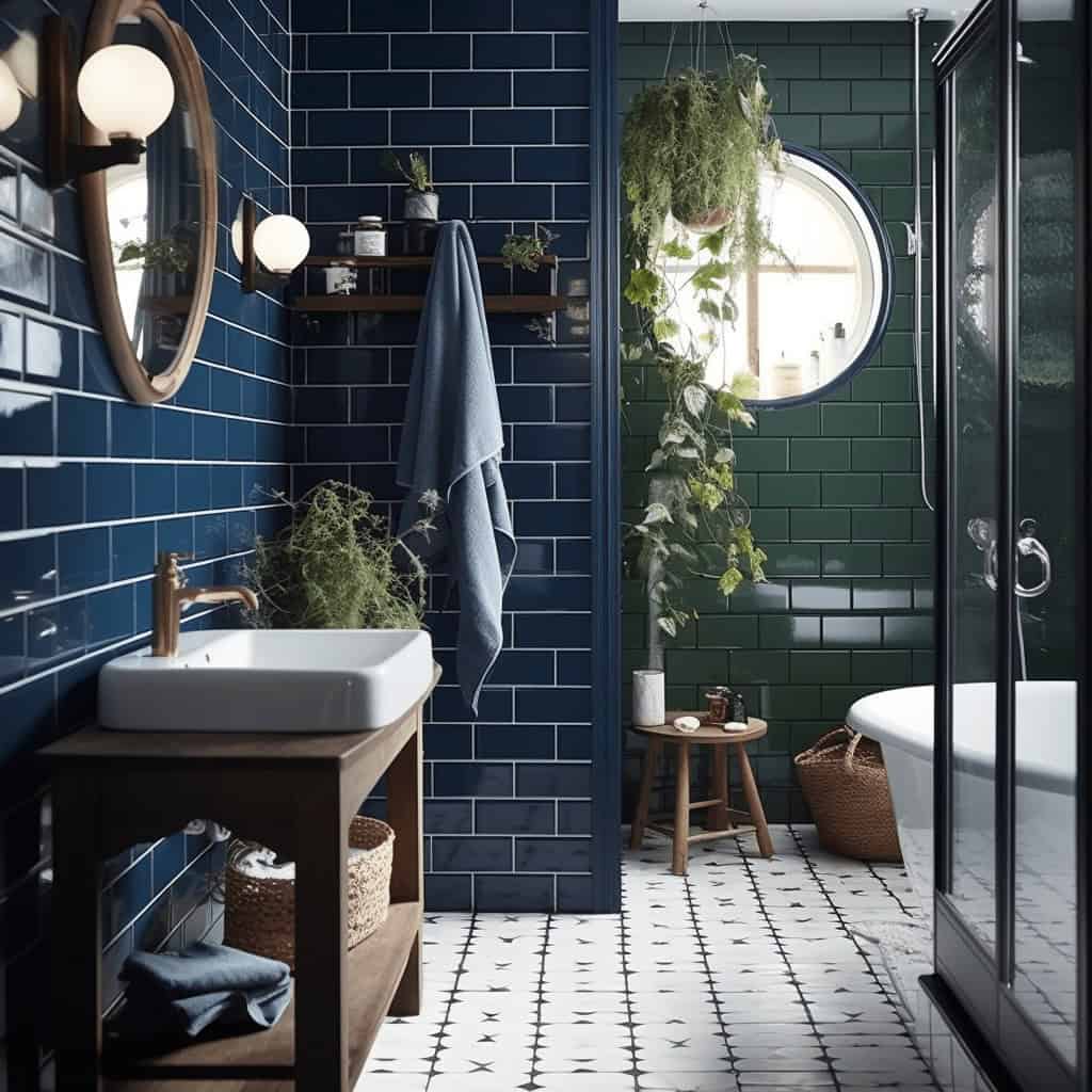 Naturalne oświetlenie w nowoczesnej łazience z ciemnozielonymi i granatowymi płytkami, roślinami doniczkowymi, eleganckim lustrem i przytulnymi akcentami, tworzącymi relaksującą atmosferę.