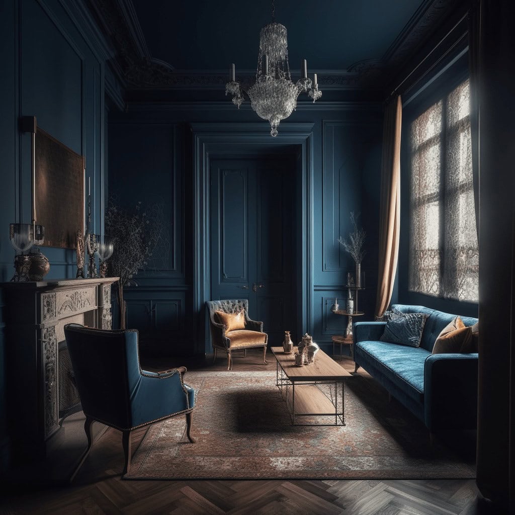 Elegancki salon w stylu klasycznym z ciemno-niebieskimi ścianami, luksusowe meble, kryształowy żyrandol, idealne miejsce do relaksu i spotkań.