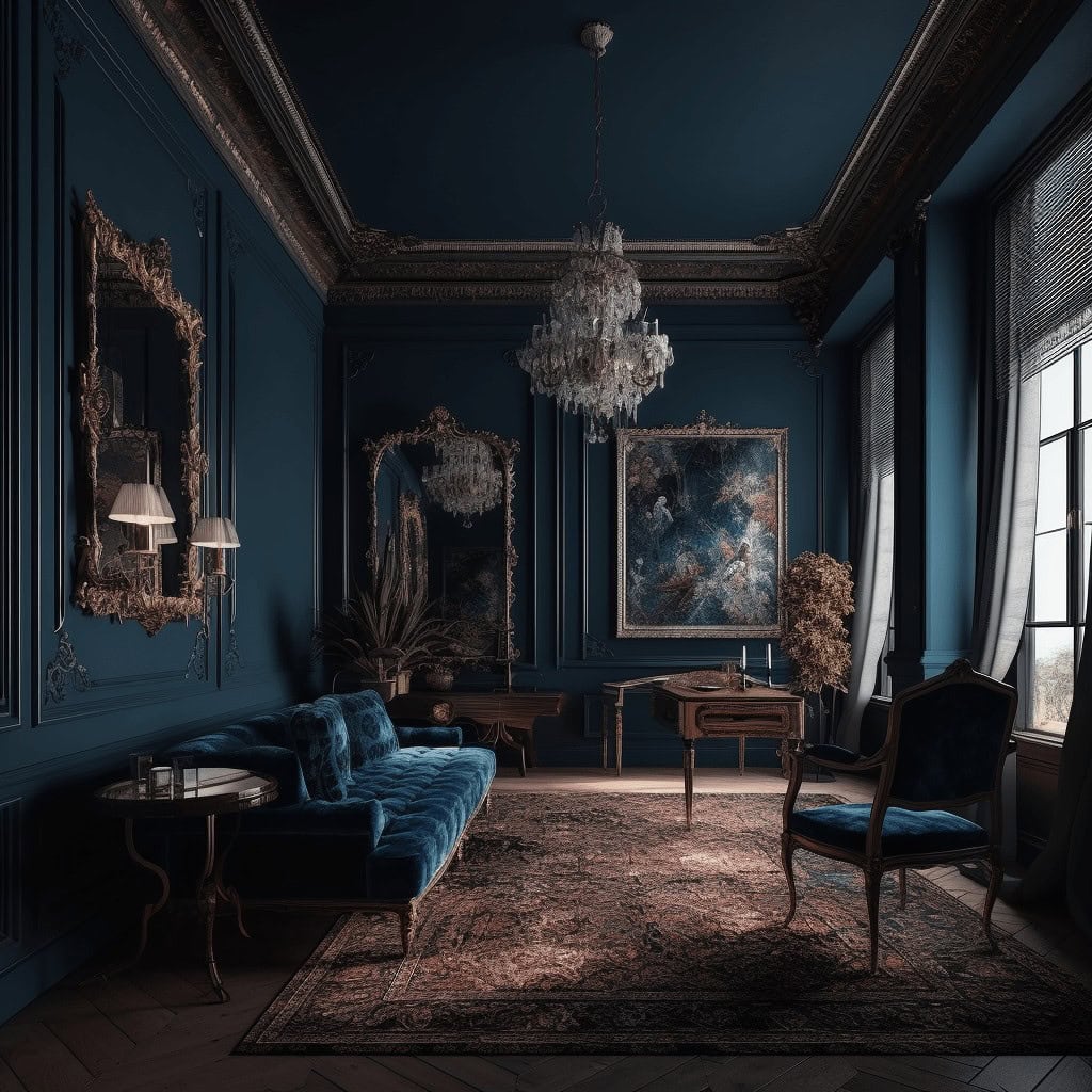 Elegancki salon w stylu klasycznym z głęboko niebieskimi ścianami, kryształowym żyrandolem i luksusowym umeblowaniem, idealne miejsce na spotkania i relaks w stylu vintage.