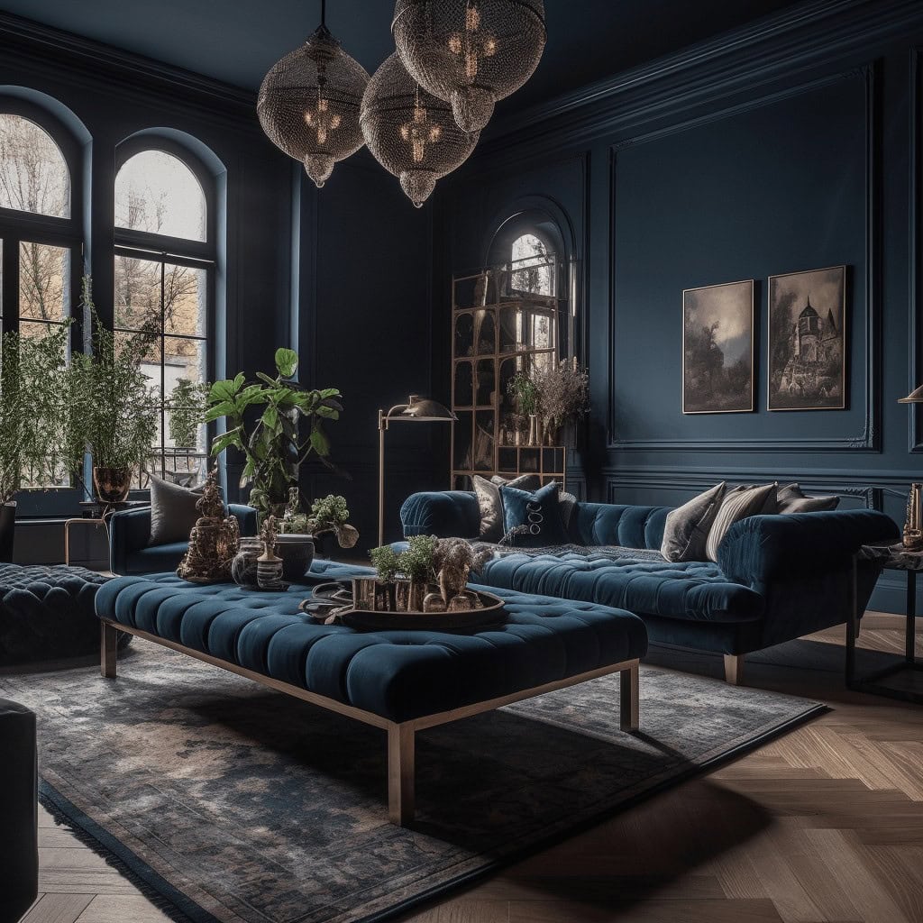 Nowoczesny elegancki salon w głębokim odcieniu granatu z wykwintnym wystrojem i naturalnym światłem z dużych okien, idealny dla komfortowego wypoczynku i aranżacji wnętrz.