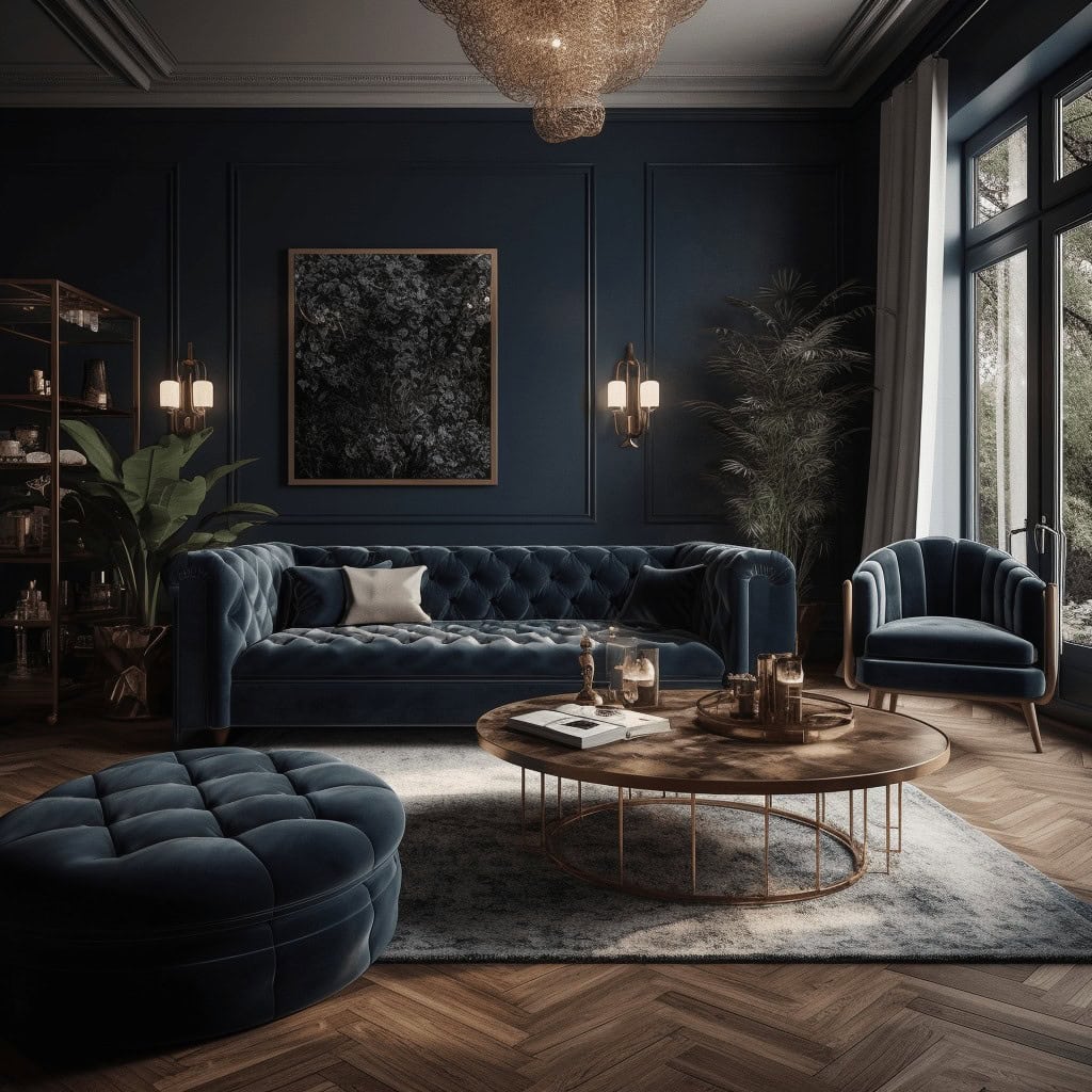 Elegancki salon w stylu nowoczesnym z ciemną tapicerką i dużymi oknami, idealny do relaksu i spotkań, wnętrze z luksusowymi elementami i naturalnym światłem, tworzące komfortową przestrzeń.