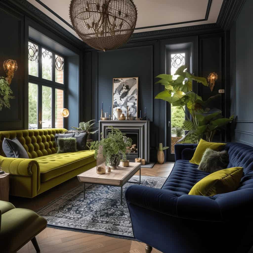 Przytulny salon z eleganckim tapicerowanym aneksem, ciemne ściany i stylowe oświetlenie, idealne do relaksu i spotkań w stylowym wnętrzu, z dużymi oknami zapewniającymi naturalne światło.