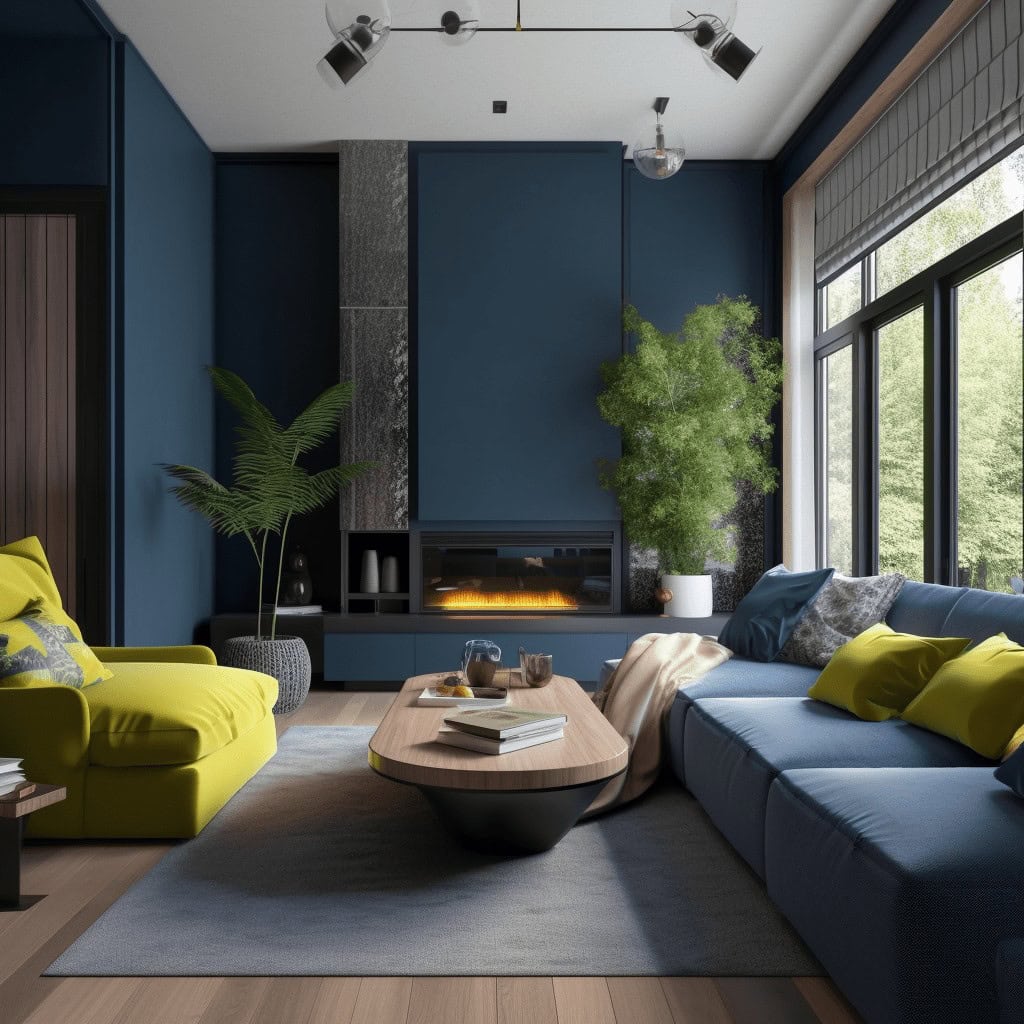 Nowoczesny salon z kominkiem, komfortowe meble, stylowe dekoracje, naturalne oświetlenie, aranżacja wnętrz idealna dla wymarzonego domu, inspiracje do aranżacji wnętrz.