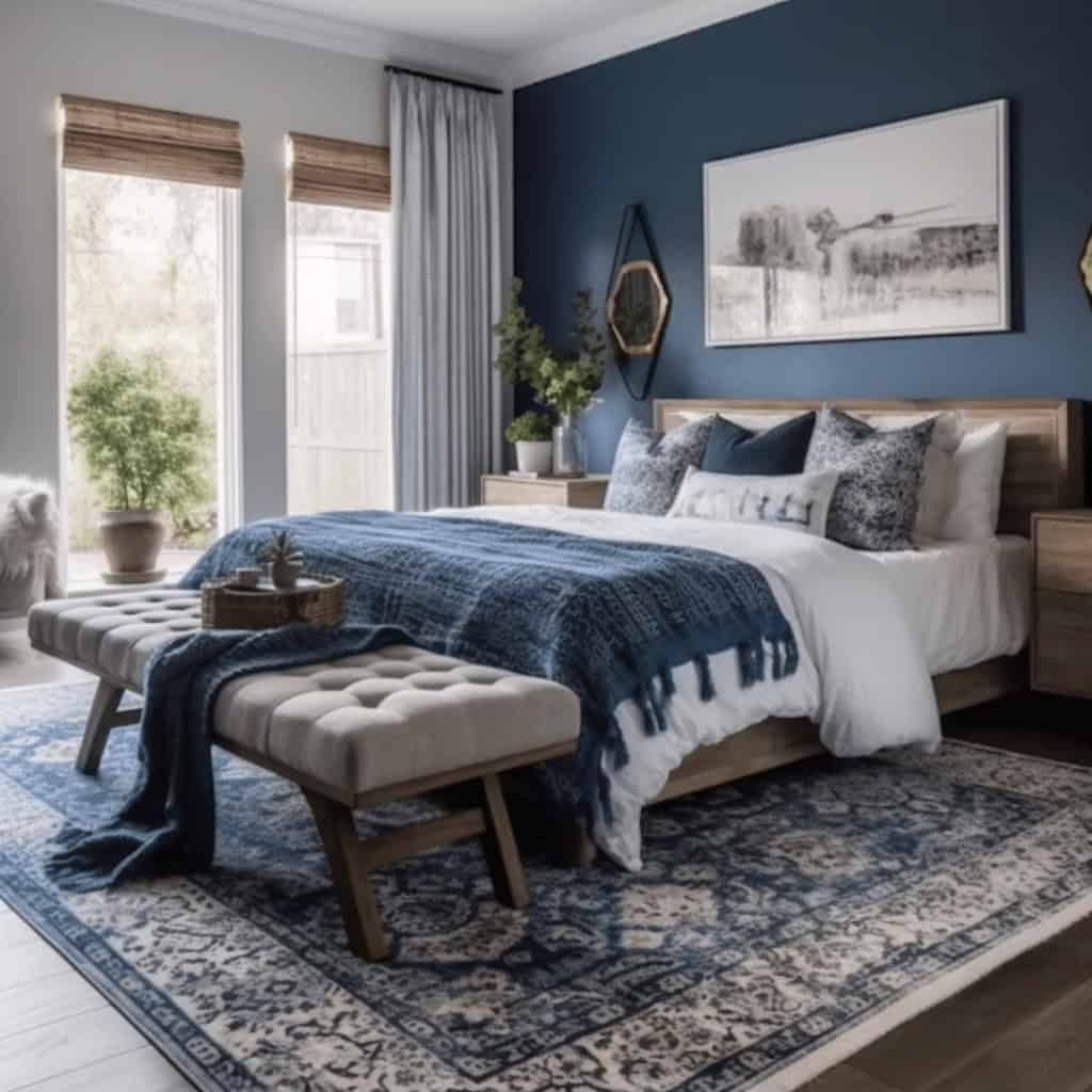 Stylowe łóżko w nowoczesnym sypialni z niebieskimi akcentami, eleganckie dodatki i naturalne światło, idealne wnętrze dla relaksu i komfortu.
