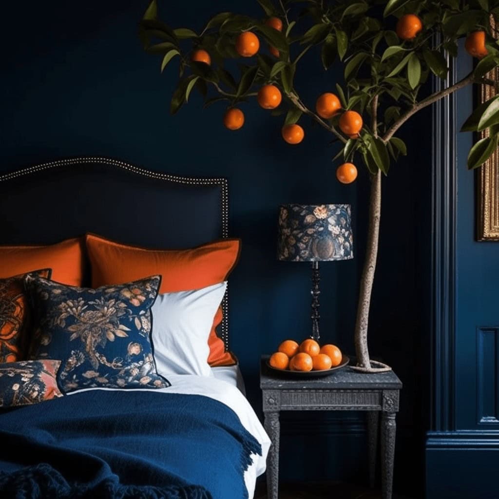 Stylowe sypialnia z ciemnoniebieskimi ścianami, dekoracyjnymi poduszkami w odcieniach pomarańczy i granatu, elegancką lampą, oraz sztucznym drzewem z pomarańczami, tworzące luksusowy i przytulny klimat.