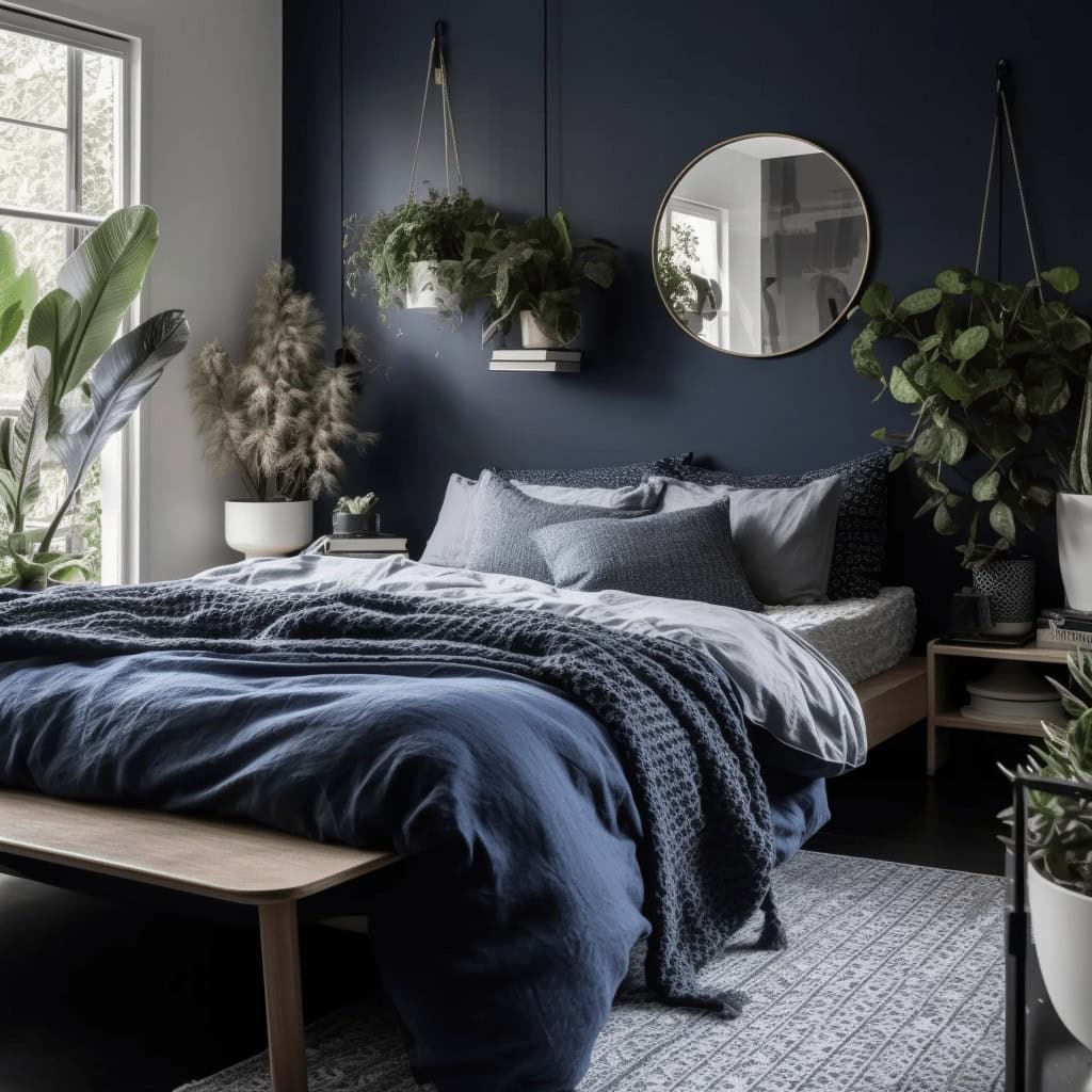 Nowoczesna sypialnia w stylu skandynawskim z ciemnoniebieską ścianą, dużą ilością roślin, eleganckim łóżkiem i minimalistycznymi dodatkami, idealne dla miłośników komfortu i natury.