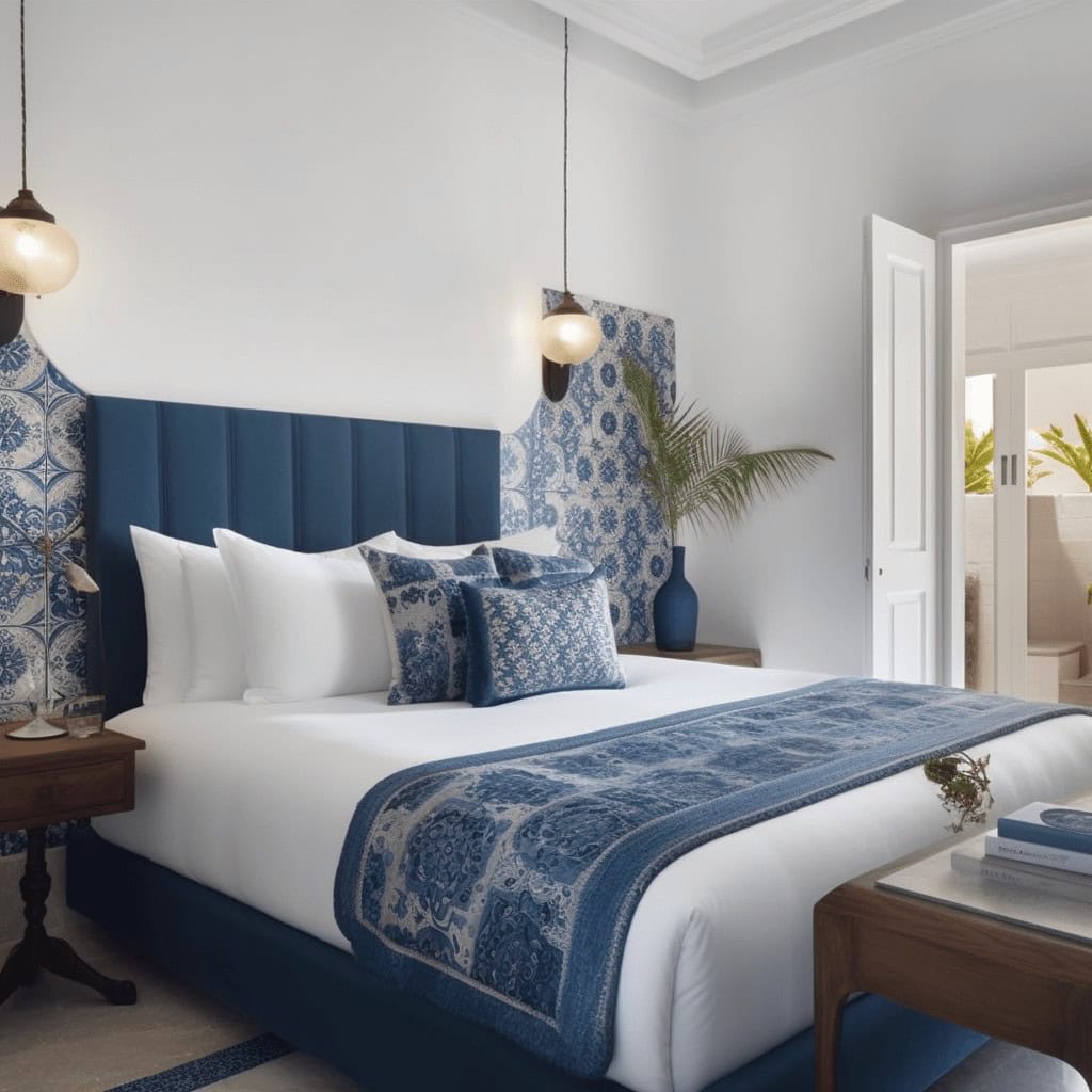 Elegancki hotelowy pokój z niebieskimi akcentami, komfortowym łóżkiem, luksusowymi poduszkami i designem inspirowanym kulturą śródziemnomorską, idealny dla ceniących wysoką jakość wypoczynku.