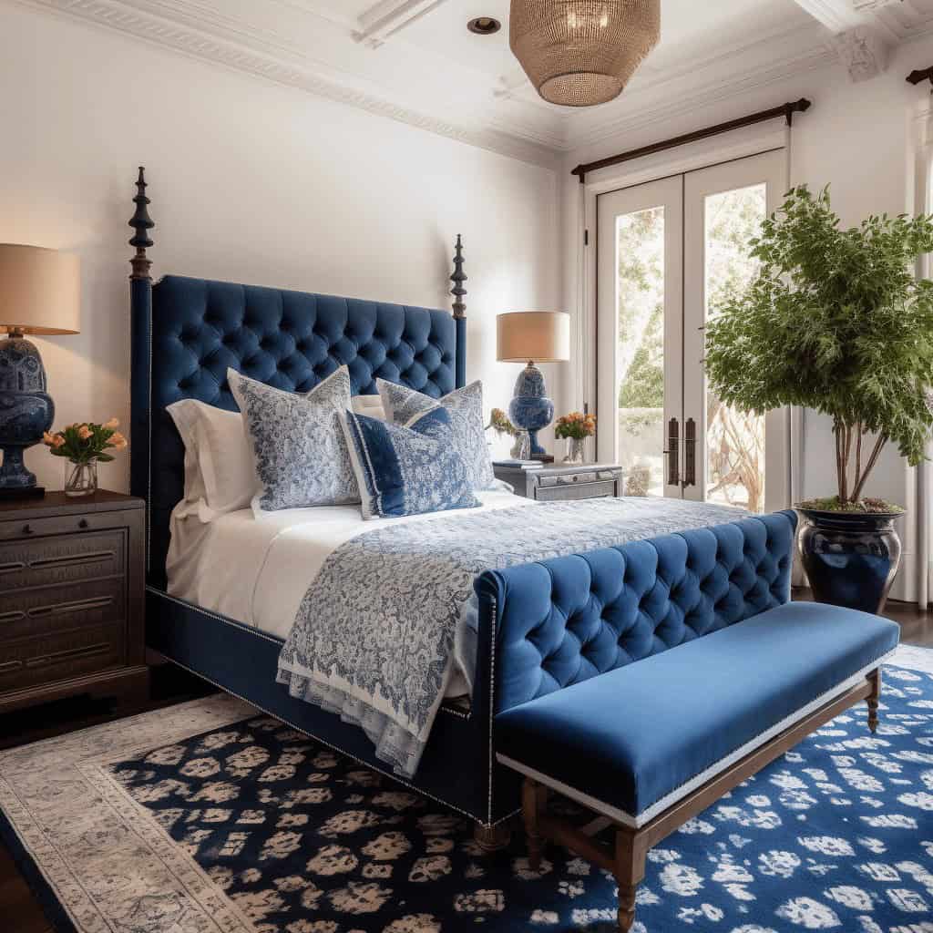 Elegancka sypialnia w stylu klasycznym z granatowym, pikowanym łóżkiem, dużym zielonym roślinem i gustownym oświetleniem, idealne wnętrze dla miłośników komfortu i stylu.